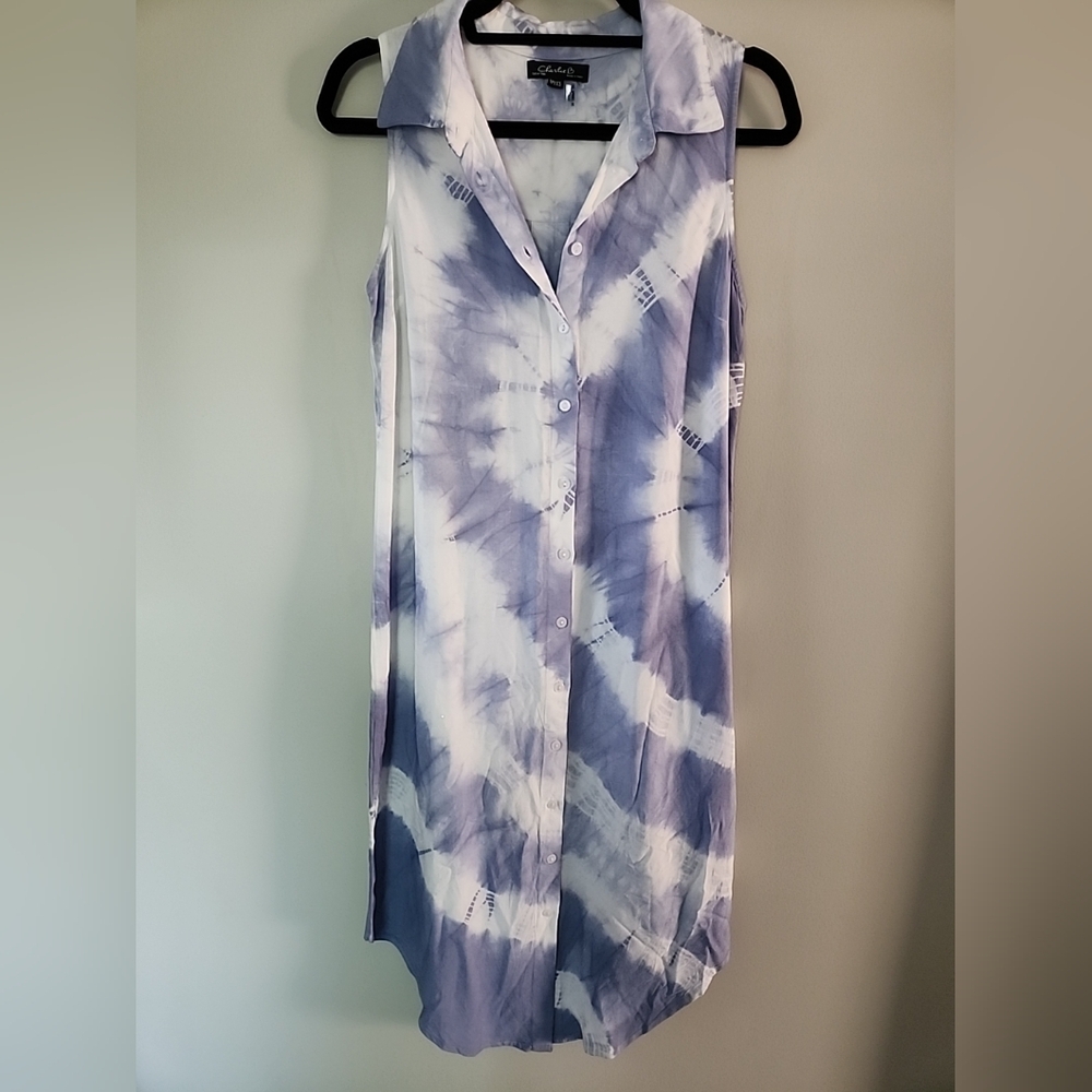 Charlie B Blue Tie Dye Sleeveless Button Down Midi Shirt Dress XS